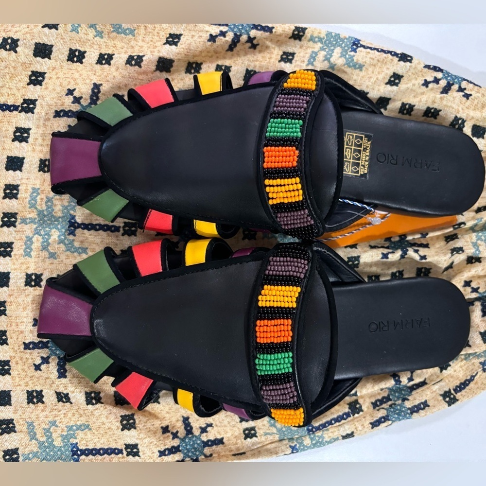 NWT FARM Rio Black Boho Rainbow Beaded Mules 7.5 - Picture 3 of 11